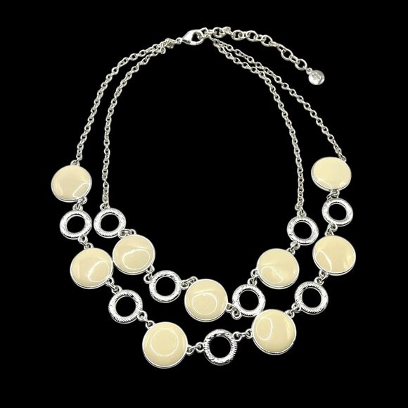 Gloria Vanderbilt Necklace Cream Enameled Circles Layered Silver Tone Statment - Picture 3 of 5